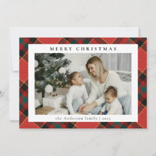 Simple Minimal Photo Red and Green Plaid Christmas Holiday Card