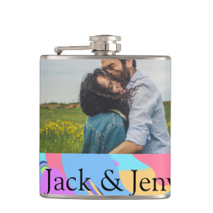 Simple minimal pink blue watercoloradd name photo hip flask