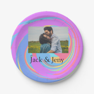 Simple minimal pink blue watercoloradd name photo  paper plate