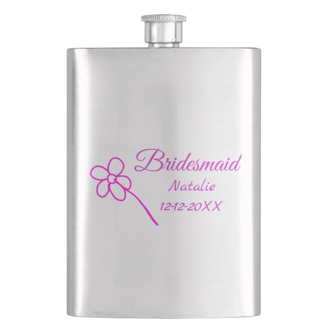 Simple minimal pink bridesmaid add name year text  hip flask (Front)