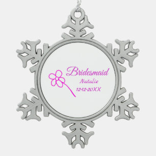 Simple minimal pink bridesmaid add name year text snowflake pewter christmas ornament