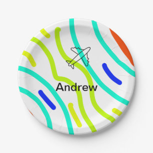 Simple minimal plane travel add your name beach fl paper plate