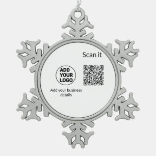 Simple minimal q r code add logo scan code name we snowflake pewter christmas ornament