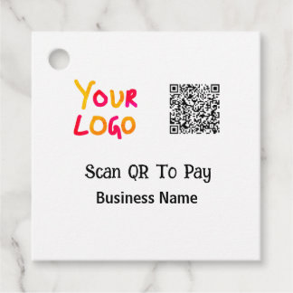 Simple minimal q r code to pay logo business name  favour tags
