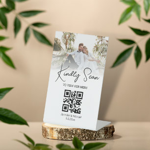 simple minimal  qr code wedding photo menu pedestal sign