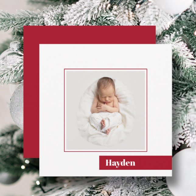 Simple Minimal Red Christmas Photo Birth Announcement (Your photo on the front and baby's birth info, your holiday greeting and names on the back.)