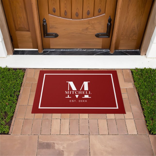 Simple Minimal Red Monogrammed Custom Family Name Doormat (Outdoor)