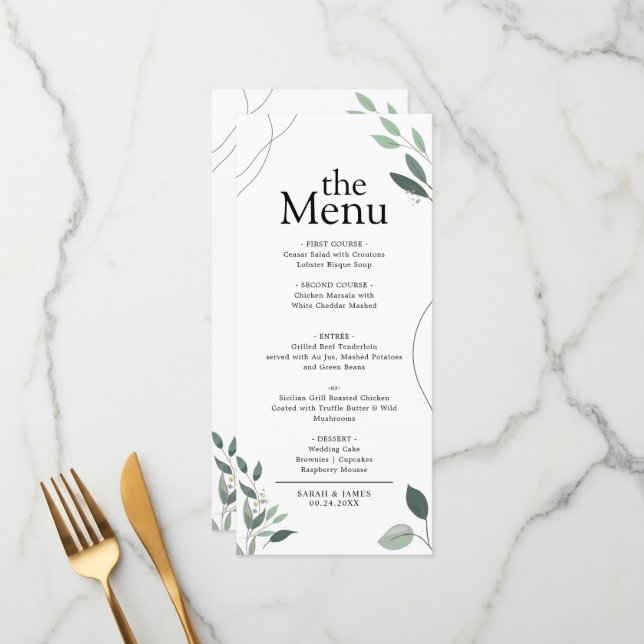 Simple Minimal Rustic Eucalyptus Greenery Dinner Menu (Front/Back In Situ)