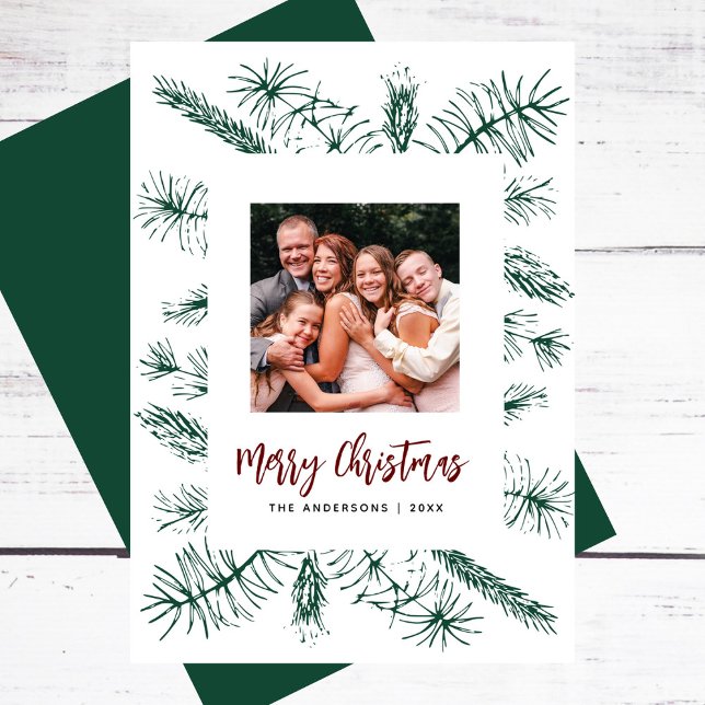 Simple Minimal Rustic Pine Family Photo Christmas Holiday Card (Creator Uploaded)