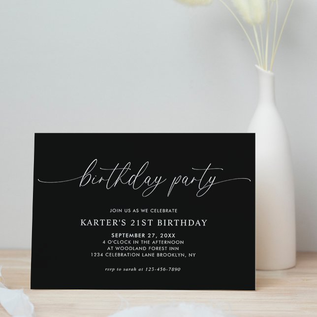 Simple Minimal Script Black White Adult Birthday  Invitation (Creator Uploaded)