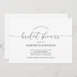 Simple Minimal Script Black & White Bridal Shower Invitation
