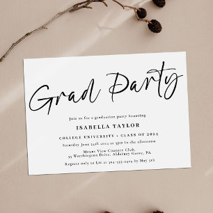 Simple Minimal Script Black White Graduation Party Invitation