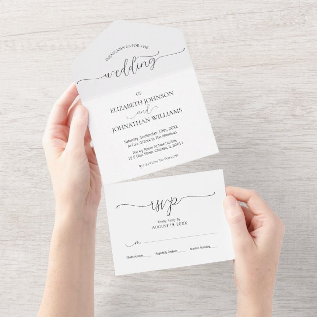 Simple Minimal Script Black & White Wedding All In One Invitation (Tearaway)