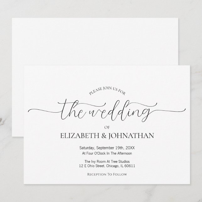 Simple Minimal Script Black & White Wedding  Invitation (Front/Back)