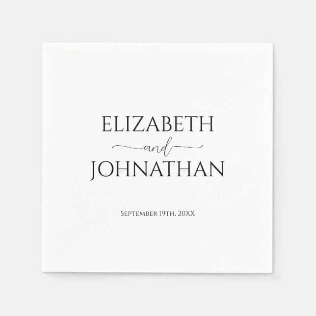 Simple Minimal Script Black & White Wedding Napkin (Front)