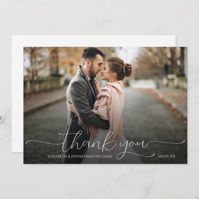 Simple Minimal Script Black & White Wedding Photo Thank You Card (Front/Back)