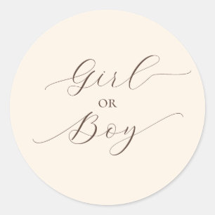 Simple Minimal Script Gender Reveal Party Beige Classic Round Sticker