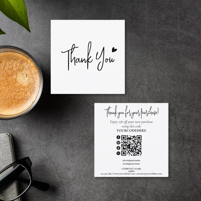 simple minimal script thank you for your order square business card (minimalist black and white script thank you for your purchase card)