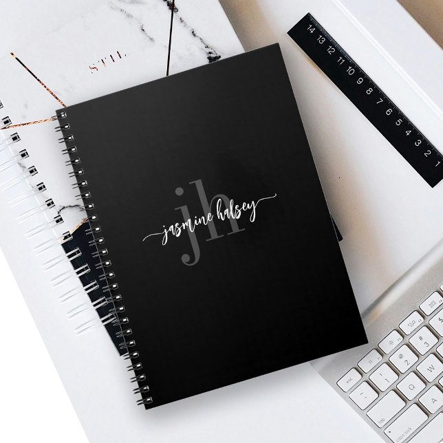 Simple Minimal Stylish Name and Initials Black Notebook (Creator Uploaded)