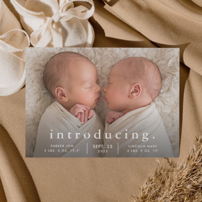Simple Minimal Twin Photo Birth Announcement (Simple typography twins baby birth announcement.)