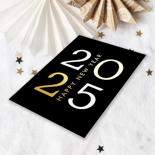 Simple Minimal Typography Happy New Year 2025 (Shimmering real gold foil makes this New Year card pop with style!

)