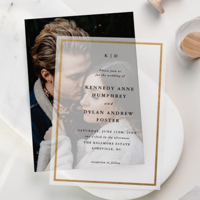 Simple Minimal Typography Monogram Wedding Overlay Vellum Invitations (Simple monogram gold frame vellum wedding invitations. Perfect with a photo or on their own.)