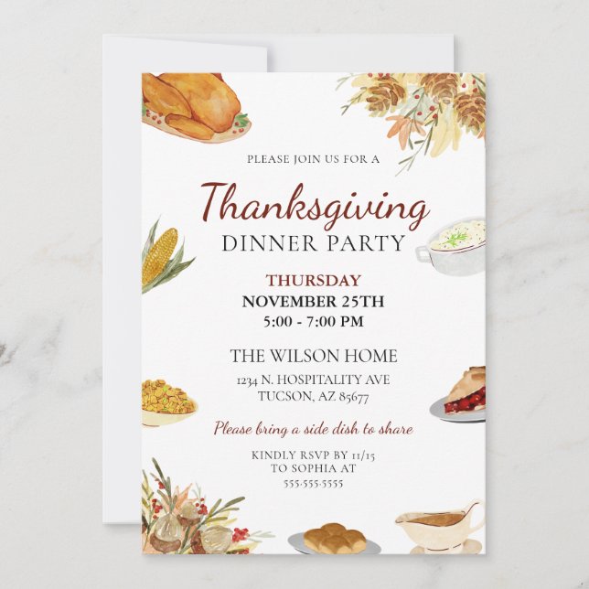Simple Minimal Watercolor Thanksgiving Dinner Invitation (Front)