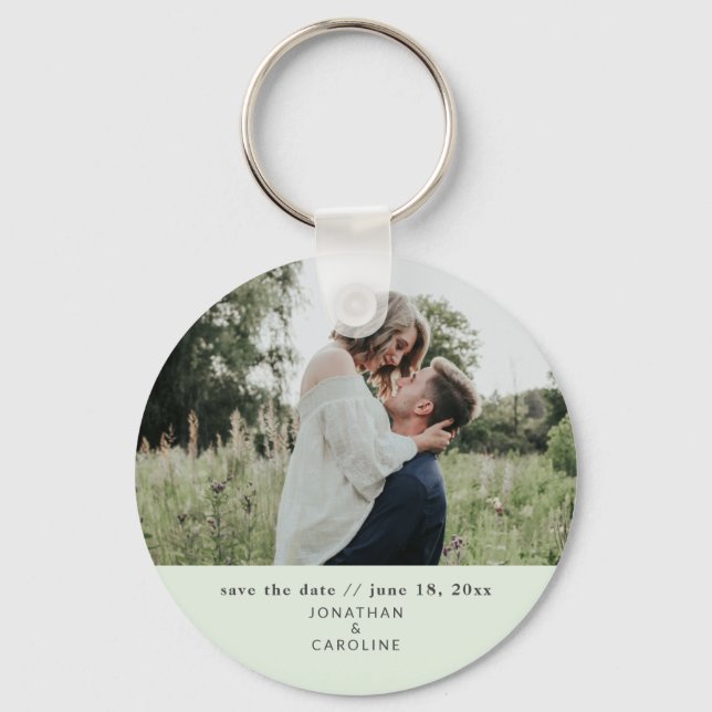 Simple Minimal Wedding Save the Date Photo Green Key Ring (Front)