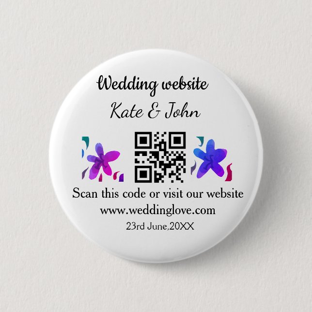 Simple minimal wedding website Q R code add name y 6 Cm Round Badge (Front)