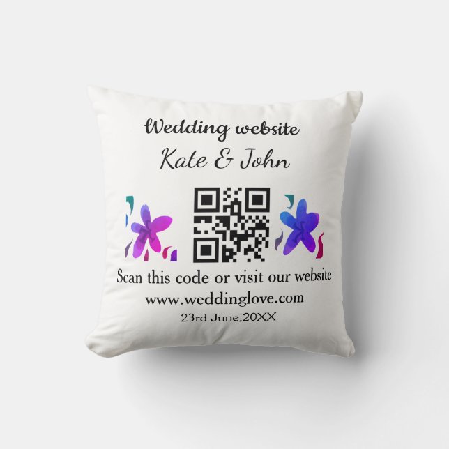 Simple minimal wedding website Q R code add name y Cushion (Front)