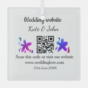 Simple minimal wedding website Q R code add name y Glass Tree Decoration