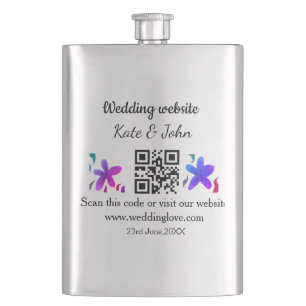Simple minimal wedding website Q R code add name y Hip Flask