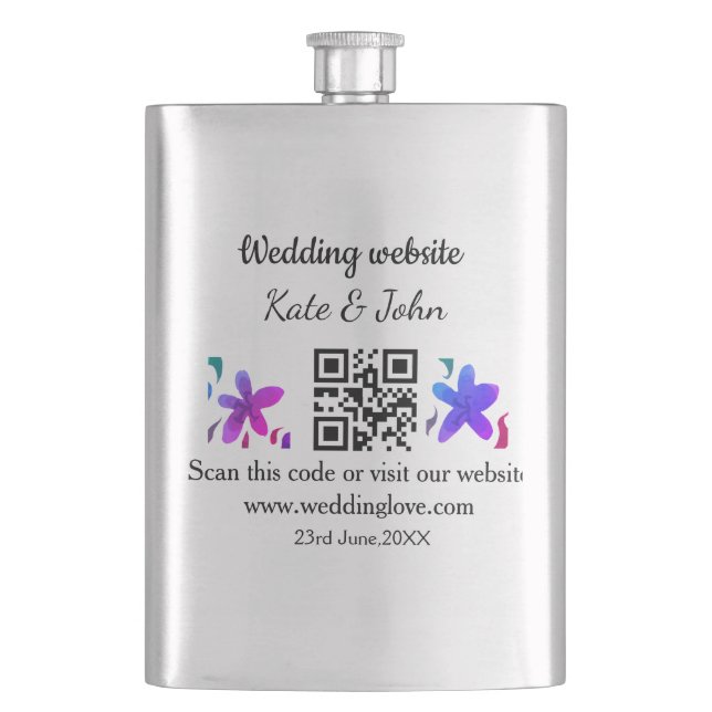 Simple minimal wedding website Q R code add name y Hip Flask (Front)