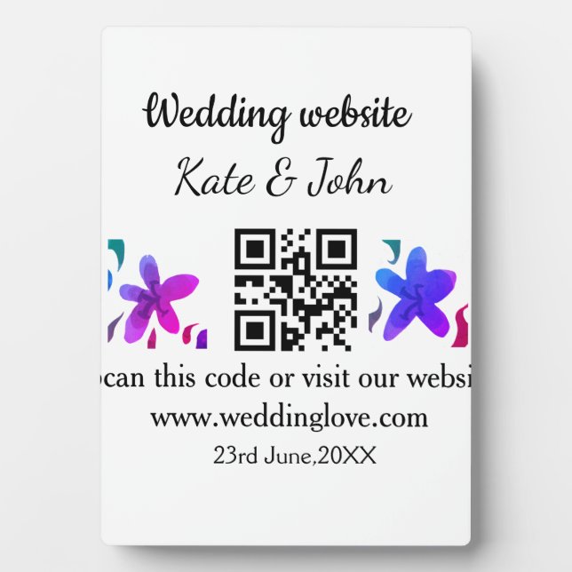Simple minimal wedding website Q R code add name y Plaque (Front)