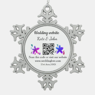 Simple minimal wedding website Q R code add name y Snowflake Pewter Christmas Ornament