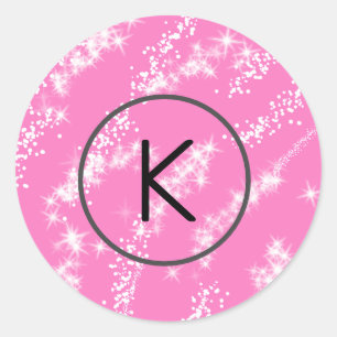 simple minimal white monogram pink glitter waterco classic round sticker