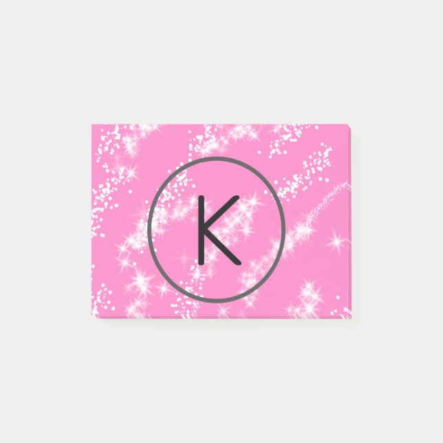 simple minimal white monogram pink glitter waterco post-it notes (Front)