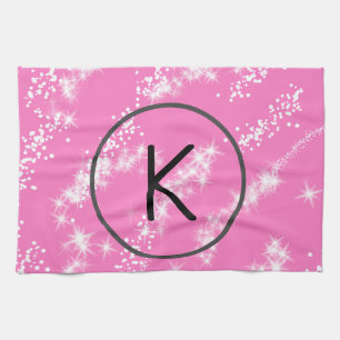 simple minimal white monogram pink glitter waterco tea towel