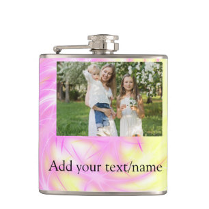 Simple minimal yellow pink sparkle add photo glitt hip flask