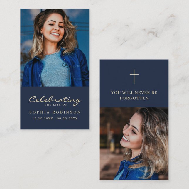 Simple Minimalist 2 Photo Funeral Blue Prayer Card (Front/Back)