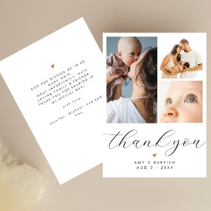 Simple Minimalist 3 Photo Collage Baptism Thank You Card