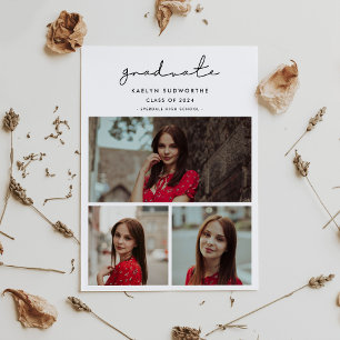 Simple minimalist 3 photos collage Graduation Announcement
