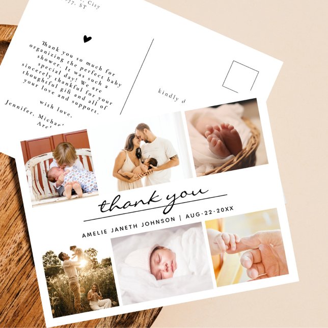 Simple Minimalist 6 Photo Collage Baby Thank You Postcard (Creator Uploaded)