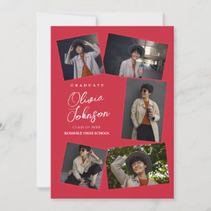 Simple Minimalist 6 Photo Collage Red Graduation Announcement