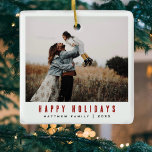 Simple Minimalist and Modern Family Photo Ceramic Ornament<br><div class="desc">This modern Christmas ornament features a place for you to add your names and a family photo, alongside ‘Happy Holidays’ in beautiful and simple typography, and room for you to add your own photo montage on the back (with space for seven photos). The perfect minimalist xmas gift for any family...</div>