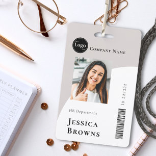 Simple Minimalist Beige Business Employee barcode  ID Badge