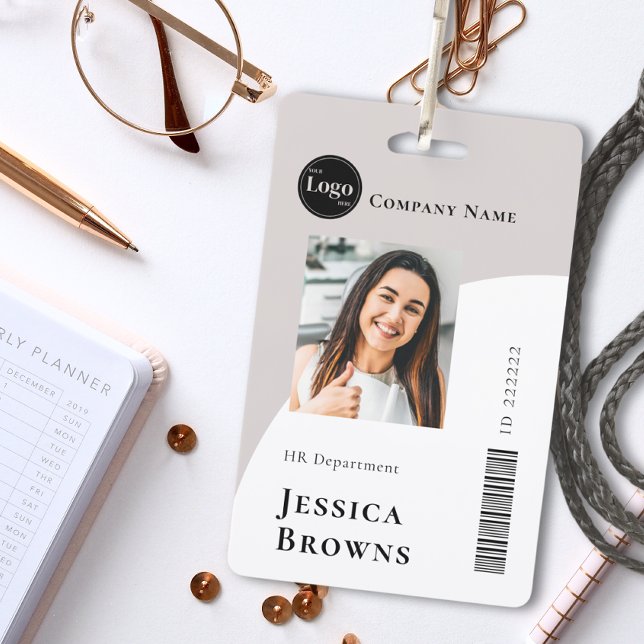 Simple Minimalist Beige Business Employee barcode  ID Badge (Creator Uploaded)