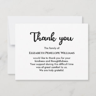 Simple Minimalist Black And White Funeral Memorial Thank You Card