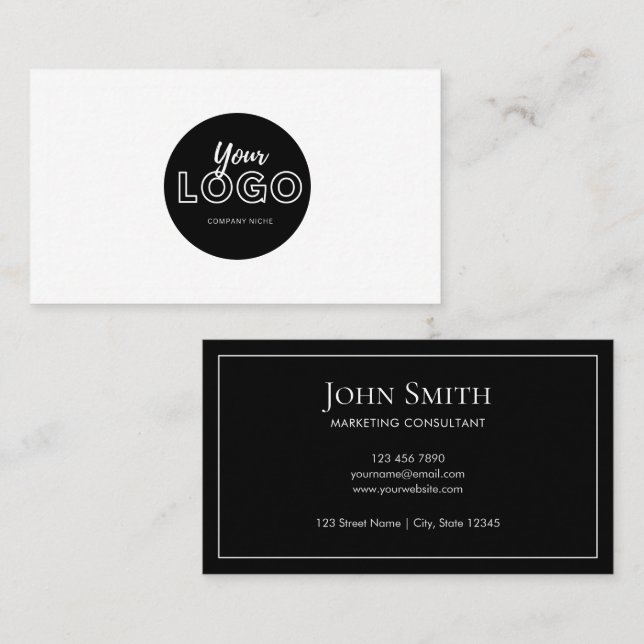 Simple Minimalist Black and White with Logo Business Card (Front/Back)