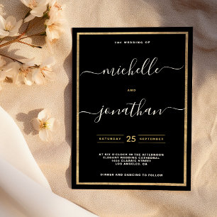 Simple minimalist black gold calligraphy wedding invitation